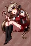  1girl alice_in_wonderland animal_ears brown_background cat_ears cat_girl cat_tail extra_ears geoffroy&#039;s_cat_(kemono_friends) grey_hair highres hikarikmy kemono_friends kemono_friends_v_project legs long_hair looking_at_viewer no_shoes open_mouth paint parody ribbon shirt shorts simple_background socks solo tail twintails virtual_youtuber yellow_eyes 