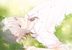  1boy collar_x_malice collared_shirt flower grass grey_hair hair_flower hair_ornament kaori looking_at_viewer lying male_focus multicolored_hair okazaki_kei on_back on_grass pink_flower shirt short_sleeves solo violet_eyes white_hair white_shirt 