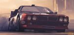  burnout car chasing dust gregory_fromenteau ground_vehicle lancia_037 motor_vehicle original race_vehicle racecar racing rally_car science_fiction signature sunset vehicle_focus 