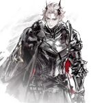 1boy arknights armor black_cape breastplate brown_hair cape closed_mouth fur-trimmed_cape fur_trim gauntlets highres horns looking_at_viewer male_focus pointy_ears red_eyes remsrar solo standing theresis_(arknights) white_background