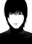  1other absurdres androgynous commentary english_commentary expressionless eyebrows_hidden_by_hair greyscale highres lips monochrome original portrait solo turtleneck xyanaid 