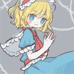  1girl alice_margatroid blonde_hair blue_dress blue_eyes blush closed_mouth dress frilled_sleeves frills grey_background hairband highres lolita_hairband m_(m073111) one-hour_drawing_challenge red_hairband short_hair short_sleeves signature solo touhou upper_body 