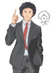  1boy absurdres afro black_eyes black_hair black_pants facial_hair formal highres index_finger_raised kitan_(msgblr) looking_at_viewer male_focus mustache nanba_mutta necktie pants red_necktie simple_background standing stubble suit uchuu_kyoudai white_background 