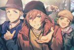  3boys amagase_touma blonde_hair blue_eyes brown_eyes brown_hair chromatic_aberration ginga_two glasses green_eyes green_hair hat highres hood hoodie idolmaster idolmaster_side-m ijuuin_hokuto jacket jupiter_(idolmaster) looking_at_viewer male_focus mitarai_shouta multiple_boys one_eye_closed reaching_towards_viewer smile 