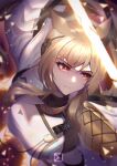  absurdres animal_ear_fluff animal_ears arknights armor artist_name blonde_hair breasts brown_eyes headset highres holding holding_shield holding_sword holding_weapon horse_ears horse_girl large_breasts long_hair name_tag nearl_(arknights) nearl_the_radiant_knight_(arknights) njnywy shield sword weapon 