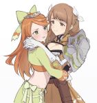  2girls armor blush bow breasts brown_eyes brown_hair dress etie_(fire_emblem) fire_emblem fire_emblem_engage gloves goldmary_(fire_emblem) green_bow green_dress green_eyes hair_bow hug large_breasts midriff multiple_girls orange_hair shoulder_armor tencryingemojis tiara white_gloves yuri 