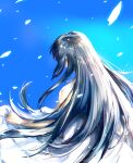  1girl black_hair blue_background breasts dress falling_petals from_side gensou_suikoden ikunosake jewelry long_hair necklace petals simple_background solo viki_(suikoden) white_dress 