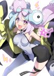  1girl blue_hair bow-shaped_hair breasts character_hair_ornament covered_navel hair_ornament halcon hexagon_print highres iono_(pokemon) jacket long_hair looking_at_viewer low-tied_long_hair medium_breasts multicolored_hair oversized_clothes pink_eyes pink_hair pokemon pokemon_(game) pokemon_sv sharp_teeth simple_background sleeves_past_fingers sleeves_past_wrists standing teeth twintails two-tone_hair very_long_hair very_long_sleeves white_background yellow_jacket 