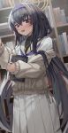  1girl :d black_hair blue_archive blush book bookshelf cardigan commentary hairband halo haowei_wu highres jewelry long_hair looking_at_viewer necklace off_shoulder open_mouth pleated_skirt school_uniform serafuku skirt smile solo sweatdrop turtleneck ui_(blue_archive) violet_eyes 