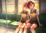  2girls blush breasts brown_hair brown_shorts closed_eyes grey_skirt highres holding_hands long_hair miniskirt misaka_mikoto multiple_girls open_mouth school_uniform shirai_kuroko short_hair shorts shorts_under_skirt sitting skirt sleeping small_breasts smile toaru_kagaku_no_railgun toaru_majutsu_no_index tokiwadai_school_uniform train_interior yonabe yuri 