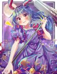  ! 1girl absurdres ambiguous_red_liquid animal_ears bangs blue_dress blue_hair blush commentary crescent_print dress full_moon hayashida_chiyo highres holding kine long_hair looking_at_viewer low_twintails mallet moon rabbit_ears rabbit_girl red_eyes seiran_(touhou) short_sleeves smile solo star_(symbol) star_print touhou twintails upper_body 