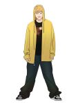  1boy baggy_pants black_shirt blonde_hair chainsaw_man commentary denji_(chainsaw_man) english_commentary full_body grin highres hood hoodie male_focus pants pochita_(chainsaw_man) sharp_teeth shirt shoes sleeves_past_wrists smile sneakers solo teeth xyanaid yellow_eyes yellow_hoodie 