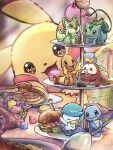  basket berry bulbasaur cake charmander food fruit fuecoco haru1suama highres holding holding_spoon macaron muffin peach pikachu pokeblock pokemon pokemon_(creature) pokemon_(game) pokemon_sv quaxly sandwich sparkling_eyes spoon sprigatito squirtle sweets tiered_tray 