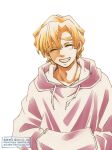  1boy agatsuma_zenitsu akizuki108 blonde_hair closed_eyes commentary_request contemporary grey_sweater grin hands_in_pockets highres hood hooded_sweater hoodie kimetsu_no_yaiba male_focus smile solo sweater thick_eyebrows twitter_username upper_body watermark 