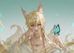  1boy animal_ears aqua_butterfly aqua_gemstone bangs bishounen bug butterfly butterfly_on_hand crossed_bangs for_all_time fox_boy fox_ears fox_tail gem green_gemstone highres looking_at_viewer luchen male_focus multiple_tails see-through see-through_sleeves smile solo tail 