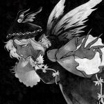  1girl animal_ears bird_ears bird_wings dress earrings fingernails greyscale hat highres jewelry long_fingernails long_sleeves monochrome mystia_lorelei open_mouth outstretched_arms pearjarrr sharp_fingernails short_hair single_earring sleeve_garter solo spread_arms touhou wide_sleeves winged_hat wings 