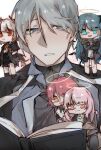 1boy 4girls :d andoain_(arknights) arknights black_jacket black_shirt black_shorts black_skirt blue_eyes blue_hair book brown_eyes closed_mouth collared_shirt crossed_arms dress_shirt exusiai_(arknights) fiammetta_(arknights) grey_eyes grey_hair halo hand_in_pocket highres horns jacket lemuen_(arknights) minigirl mostima_(arknights) multiple_girls open_book parted_lips pink_eyes pink_hair red_eyes shirt short_shorts short_sleeves shorts simple_background skirt smile tail waiaaaaaaa white_background white_jacket white_shirt