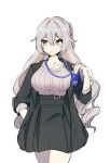  1girl 5rwpvc absurdres black_skirt breasts bronya_zaychik bronya_zaychik_(silverwing:_n-ex) card closed_mouth drill_hair grey_hair hand_in_pocket highres holding holding_card honkai_(series) honkai_impact_3rd large_breasts looking_to_the_side office_lady simple_background skirt solo standing white_background 