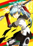  1girl android black_skirt blue_hair frfk glowing glowing_eyes highres joints labrys_(persona) light_blue_hair long_hair parted_lips persona persona_4:_the_ultimate_in_mayonaka_arena persona_4:_the_ultimax_ultra_suplex_hold ponytail robot_girl robot_joints school_uniform serafuku shadow_(persona) shadow_labrys skirt solo yellow_eyes 
