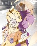  1boy 1other blonde_hair blue_eyes commentary crack dio_brando&#039;s_pose_(jojo) giorno_giovanna gold_experience gold_experience_requiem jojo_no_kimyou_na_bouken jojo_pose male_focus mm_jjba signature stand_(jojo) transformation twitter_username vento_aureo 