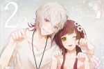  1boy 1girl 2018 anemone_(flower) brown_hair character_name collar_x_malice dated flower green_eyes grey_background grey_hair hair_flower hair_ornament hetero hoshino_ichika_(collar_x_malice) kaori long_hair looking_at_viewer multicolored_hair okazaki_kei short_hair violet_eyes white_background white_flower white_hair 