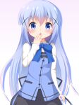  1girl absurdres bangs black_skirt blue_bow blue_eyes blue_hair blue_vest blush bow chestnut_mouth collared_shirt commentary_request gochuumon_wa_usagi_desu_ka? gradient_background hair_between_eyes hair_ornament hand_to_own_mouth hand_up highres kafuu_chino long_hair long_sleeves looking_at_viewer parted_lips pink_background rabbit_house_uniform shin01571 shirt skirt sleeves_past_wrists solo uniform very_long_hair vest waitress white_background white_shirt x_hair_ornament 