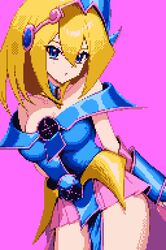  1girl bare_shoulders blonde_hair blue_eyes breasts cowboy_shot dark_magician_girl duel_monster hat hira_butyou long_hair looking_at_viewer medium_breasts pixel_art purple_background simple_background solo wizard_hat yu-gi-oh! 