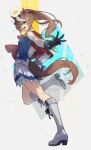  1girl ;d animal_ears asymmetrical_gloves black_gloves blue_eyes blue_jacket blue_skirt boots bow brown_hair cape capelet ear_piercing epaulettes from_side gloves hair_bow high_ponytail horse_ears horse_girl horse_tail jacket knee_boots leg_up long_hair long_sleeves looking_at_viewer looking_to_the_side miniskirt mismatched_gloves multicolored_clothes multicolored_hair multicolored_jacket one_eye_closed piercing pink_bow pleated_skirt ponytail red_cape red_capelet single_epaulette skirt smile solo streaked_hair tail tokai_teio_(umamusume) two-tone_hair two-tone_jacket two-tone_skirt umamusume white_footwear white_gloves white_hair white_jacket white_skirt youmicitrustea 