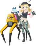 1girl bag binoculars blonde_hair blue_eyes boots calenda_(kemono_friends) camouflage cardigan flicky_(kemono_friends) gloves hat hat_feather kemono_friends kemono_friends_3 long_hair looking_at_viewer lucky_beast_(kemono_friends) official_art open_mouth pants ribbon robot tank_top transparent_background twintails