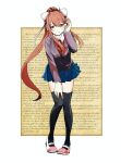  1girl bangs black_thighhighs blazer blush bow brown_hair brown_jacket closed_mouth commentary_request doki_doki_literature_club full_body green_eyes hair_bow hair_ribbon hand_on_own_thigh jacket long_hair looking_at_viewer monika_(doki_doki_literature_club) neck_ribbon note over-kneehighs ponytail red_ribbon ribbon satan3e28 school_uniform shoes sidelocks smile solo standing thigh-highs uwabaki very_long_hair white_bow white_footwear white_ribbon 