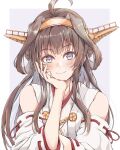  1girl ahoge bare_shoulders blush brown_hair closed_mouth commentary_request dairyo3 detached_sleeves double_bun fingernails hair_bun hand_on_own_cheek hand_on_own_face highres japanese_clothes kantai_collection kongou_(kancolle) kongou_kai_ni_(kancolle) long_hair looking_at_viewer nontraditional_miko ribbon-trimmed_sleeves ribbon_trim sidelocks smile solo upper_body violet_eyes white_sleeves wide_sleeves 