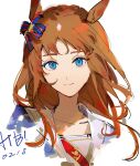  1girl absurdres animal_ears blue_eyes brown_hair closed_mouth dated ear_bow grass_wonder_(umamusume) happy_birthday highres hikawayunn horse_ears long_hair looking_at_viewer portrait sailor_collar simple_background smile solo umamusume white_background 