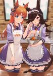 2girls animal_ears apron arpeggio_kaga blue_eyes bow_hairband bowl brown_hair chocolate_making closed_mouth commission food food_on_face grass_wonder_(umamusume) hair_over_one_eye hairband highres holding holding_bowl holding_spatula horse_ears horse_girl horse_tail indoors long_hair looking_at_another multiple_girls one_eye_closed open_mouth orange_hair pleated_skirt purple_shirt purple_skirt purple_thighhighs rice_shower_(umamusume) school_uniform shirt signature skeb_commission skirt sleeves_pushed_up smile spatula standing tail thigh-highs tracen_school_uniform umamusume valentine violet_eyes 