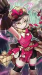  1girl absurdres bangs bare_shoulders bike_shorts bow braid breasts fire_emblem fire_emblem_engage framme_(fire_emblem) gloves grey_hair hat hat_bow highres long_hair looking_at_viewer open_mouth pink_bow rooru_kyaabetsu scarf single_braid sleeveless smile solo thigh-highs thighs yellow_eyes 