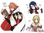  1girl 2boys alcryst_(fire_emblem) ascot bare_shoulders blonde_hair blue_hair blush book bow brown_dress cape citrinne_(fire_emblem) clothing_cutout dark_blue_hair dress earrings fire_emblem fire_emblem_engage gold_earrings hair_bow highres holding holding_book holding_hair hoop_earrings jewelry long_sleeves midriff misato_hao multiple_boys multiple_earrings orange_eyes orange_hair pandreo_(fire_emblem) priest red_eyes shirt speech_bubble stomach_cutout white_cape white_shirt 