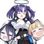  3girls aris_(blue_archive) belt black_gloves black_hair blonde_hair blue_archive closed_eyes crying gloves halo jacket momoi_(blue_archive) multiple_girls o_(rakkasei) purple_hair simple_background sweat tearing_up tears twintails white_background x_arms yuuka_(blue_archive) 