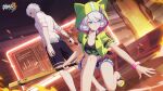  1boy 1girl baseball_bat black_shorts feet foot_out_of_frame hand_on_floor highres holding holding_weapon honkai_(series) honkai_impact_3rd kevin_kaslana kiana_kaslana legs logo looking_at_viewer looking_to_the_side official_alternate_costume official_art official_wallpaper sandals shirt short_hair shorts smile toenails toes weapon white_hair white_shirt 