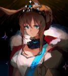  1girl ambience_synesthesia amiya_(arknights) animal_ear_fluff animal_ears arknights bangs black_jacket blue_eyes breasts brown_hair closed_mouth dress fur-trimmed_jacket fur_trim hair_between_eyes highres jacket looking_at_viewer oma1oo open_clothes open_jacket puffy_short_sleeves puffy_sleeves rabbit_ears short_sleeves sidelocks small_breasts solo tiara upper_body white_dress 