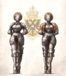  2girls alternate_universe armor arms_behind_back atomic_heart austria blonde_hair boobplate braid coat_of_arms commentary crest crown_braid cuisses english_commentary full_armor gold_jacket highres ironlily knight left_(atomic_heart) medieval multiple_girls plate_armor right_(atomic_heart) short_hair siblings sisters twins 