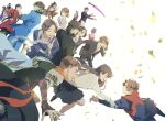 avataro_sentai_donbrothers backpack bag black_coat cellphone coat confetti crossed_arms everyone fang feather_collar formal glasses goshikida_kaito highres holding_another&#039;s_arm hood hoodie inuzuka_tsubasa kijino_miho kijino_tsuyoshi kito_haruka kuramochi_natsumi long_hair looking_back midriff momoi_jin momoi_taro momotani_jiro necktie one_eye_closed paper phone pink_necktie saruhara_shinichi scarf smartphone smile sonogo_(donbrothers) sonoi_(donbrothers) sononi_(donbrothers) sonoroku_(donbrothers) sonoshi_(donbrothers) sonoza_(donbrothers) suit super_sentai sword tkst_ayaka twitter_username uniform weapon white_background