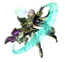  1boy armor attack book coat fire_emblem fire_emblem_awakening fire_emblem_heroes gloves leg_armor long_coat magic official_alternate_costume official_art open_mouth robin_(fire_emblem) robin_(male)_(fire_emblem) shoulder_armor solo teeth v-shaped_eyebrows white_hair wind 