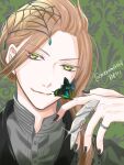  1boy black_nails blonde_hair bug butterfly closed_mouth collar_x_malice formal green_background green_butterfly green_eyes green_jacket grey_shirt highres jacket jewelry long_hair looking_at_viewer male_focus mero-yoruyami ring shiraishi_kageyuki shirt smile solo 