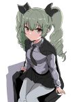  1girl anchovy_(girls_und_panzer) anzio_school_uniform bangs belt black_belt black_cape black_necktie black_ribbon black_skirt brown_eyes cape closed_mouth dress_shirt drill_hair girls_und_panzer green_hair hair_ribbon highres invisible_chair light_frown long_hair long_sleeves looking_at_viewer miniskirt necktie pantyhose pleated_skirt ribbon school_uniform shadow shirt simple_background sitting skirt solo suberaku twin_drills twintails white_background white_pantyhose white_shirt wing_collar 