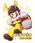  1boy antennae bee_mario blue_eyes boots brown_footwear bucket english_text facial_hair gloves helmet highres holding holding_bucket mario mustache red_shirt shirt simple_background super_mario_bros. syaon_tshscl white_gloves yellow_overalls 
