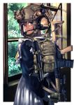  1girl absurdres assault_rifle border brown_eyes brown_hair gloves green_gloves gun headset helmet highres looking_back m4_carbine maid military military_helmet military_uniform mossberg_590 original rifle solo timmyyen uniform union_jack weapon weapon_on_back white_border 