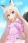  1girl animal_ear_fluff animal_ears backpack bag blonde_hair blue_eyes child clouds commission crime_prevention_buzzer dress female_child fox_ears fox_girl fox_tail highres long_hair long_sleeves looking_at_viewer mogura2009 original outdoors pink_dress pink_sleeves randoseru short_dress skeb_commission sky smile solo tail very_long_hair 