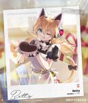  1girl :3 animal_ears apron artist_request betty_(girls&#039;_frontline_nc) black_shirt blonde_hair blue_eyes bow candy cat_ears cat_tail character_name chocolate copyright_name fake_animal_ears fang food frilled_apron frills girls&#039;_frontline_neural_cloud girls_frontline hair_between_eyes heart heart-shaped_chocolate highres holding idw_(girls&#039;_frontline) long_hair looking_at_viewer mechanical_hands official_art one_eye_closed polaroid puffy_sleeves shirt short_sleeves smile solo tail tail_bow tail_ornament tongue twintails upper_body valentine white_apron 