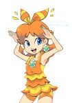  1girl blue_eyes brown_hair earrings highres jewelry medium_hair open_mouth orange_shirt orange_shorts princess_daisy shirt shorts simple_background super_mario_bros. teeth upper_teeth_only white_background ya_mari_6363 