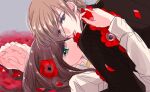  1boy 1girl anemone_(flower) black_jacket brown_hair collar_x_malice crying crying_with_eyes_open facing_another flower green_eyes hetero highres hoshino_ichika_(collar_x_malice) hug jacket long_hair long_sleeves looking_at_viewer mole mole_under_eye rc222cm red_flower saeki_yuzuru shirt short_hair sketch tears white_shirt 