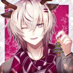  1boy animal_ears antlers border christmas_ornaments christmas_tree collar_x_malice deer_ears grey_hair highres jewelry looking_at_viewer male_focus multicolored_hair necklace okazaki_kei one_eye_closed open_mouth red_background red_scarf redhead reindeer_antlers reindeer_boy scarf short_hair smile solo striped striped_scarf tiboom violet_eyes white_border white_hair white_scarf 